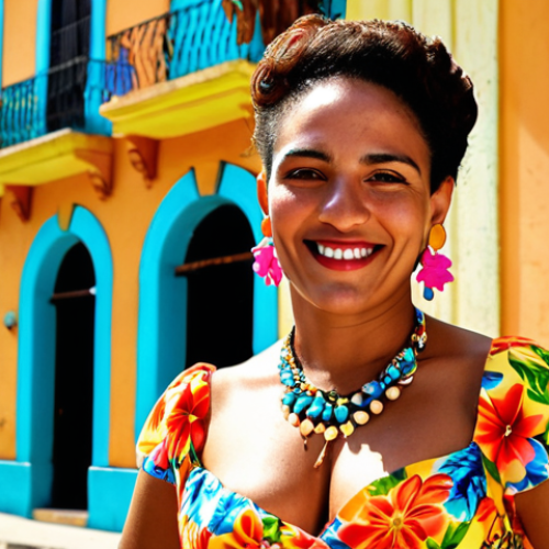 A vibrant photograph capturing a Cuban woman in Havana, wearing a brightly colored floral print dress. She is adorned with large earrings and a bold necklace. The background features the colorful architecture of Havana, bathed in the warm Caribbean sunlight. Her confident smile is the focal point.