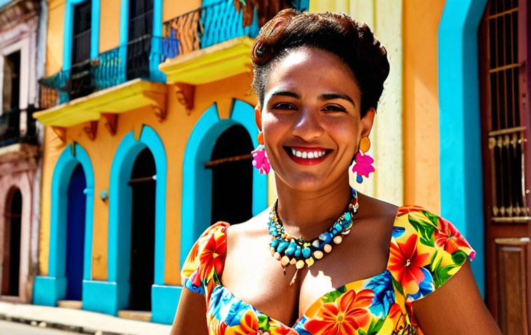 A vibrant photograph capturing a Cuban woman in Havana, wearing a brightly colored floral print dress. She is adorned with large earrings and a bold necklace. The background features the colorful architecture of Havana, bathed in the warm Caribbean sunlight. Her confident smile is the focal point.