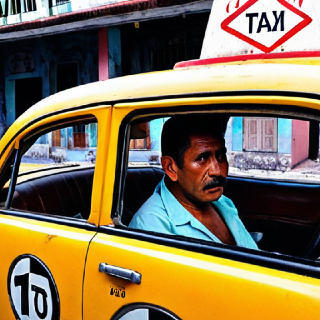 **

A brightly colored vintage Cuban taxi with a slightly sinister-looking driver. The taxi is parked near Havana airport. Focus on the driver's face and the taxi's meter looking tampered with. The overall mood should be enticing yet hinting at danger. Add Japanese text overlay: "タクシー詐欺に注意！ (Taxi Fraud Alert!)"

**