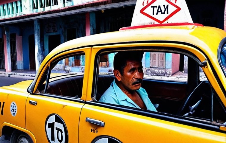 **

A brightly colored vintage Cuban taxi with a slightly sinister-looking driver. The taxi is parked near Havana airport. Focus on the driver's face and the taxi's meter looking tampered with. The overall mood should be enticing yet hinting at danger. Add Japanese text overlay: "タクシー詐欺に注意！ (Taxi Fraud Alert!)"

**