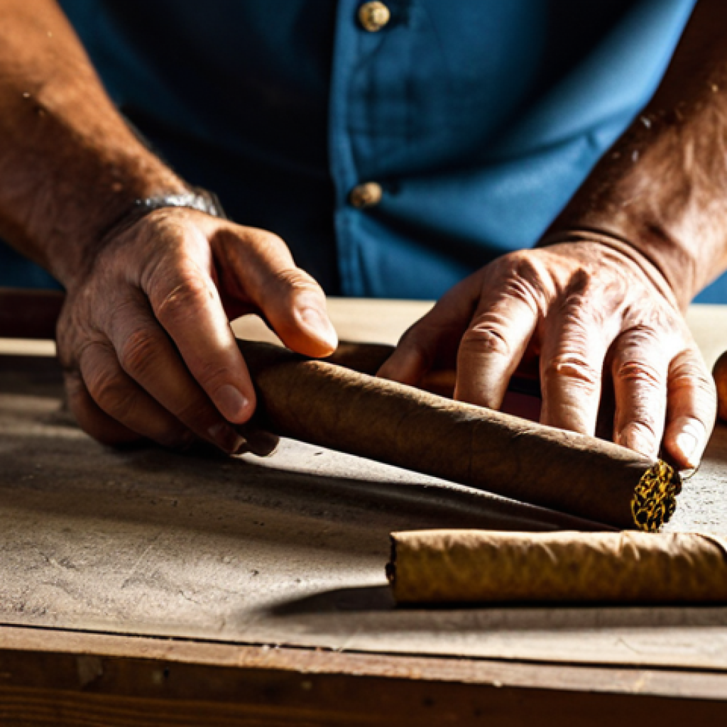 熟練のトルセドールによるキューバシガーの伝統的な手仕事**
A skilled, mature torcedor (cigar roller) with a focused expression, meticulously hand-rolling a Cuban cigar. The scene is set in a traditional, well-lit Cuban tobacco factory, with stacks of cured tobacco leaves and wooden workbenches in the background. The torcedor is fully clothed in professional, modest attire. The image emphasizes the artistry and tradition of the craft, showing well-formed hands with proper finger count, engaged in the natural pose of the work. High-quality, photorealistic professional photography with natural lighting, perfect anatomy, correct proportions, safe for work, appropriate content, family-friendly.

**