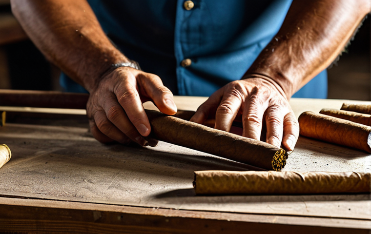 熟練のトルセドールによるキューバシガーの伝統的な手仕事**
A skilled, mature torcedor (cigar roller) with a focused expression, meticulously hand-rolling a Cuban cigar. The scene is set in a traditional, well-lit Cuban tobacco factory, with stacks of cured tobacco leaves and wooden workbenches in the background. The torcedor is fully clothed in professional, modest attire. The image emphasizes the artistry and tradition of the craft, showing well-formed hands with proper finger count, engaged in the natural pose of the work. High-quality, photorealistic professional photography with natural lighting, perfect anatomy, correct proportions, safe for work, appropriate content, family-friendly.

**