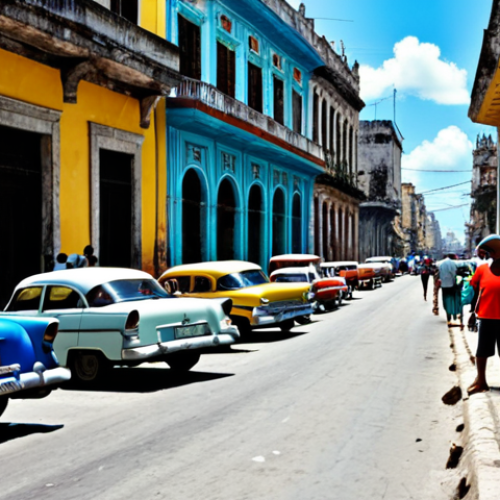 Havana Street Scene**

"A vibrant street in Havana, Cuba. Casa Particulars line the road, classic cars parked along the sides. Locals are interacting, with a market stall selling fresh produce in the background. Warm, sunny day. Focus on the authentic Cuban atmosphere. Safe for work, appropriate content, fully clothed, professional photography, natural proportions."

**