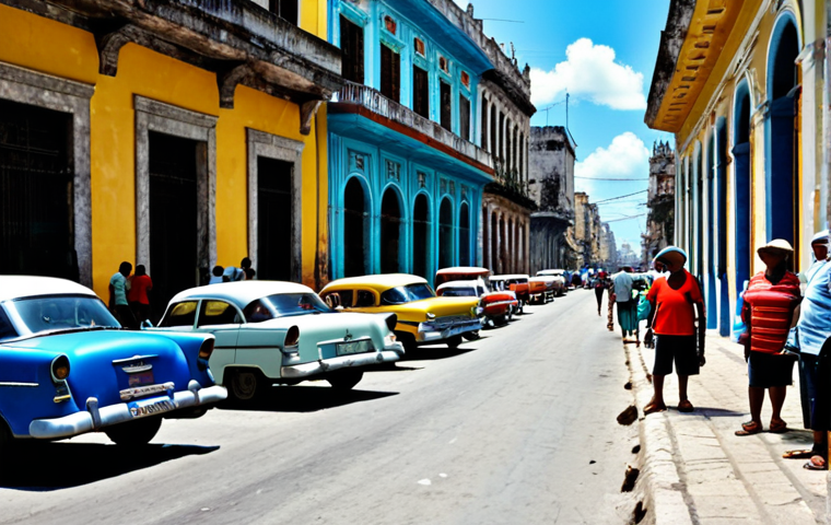 Havana Street Scene**

"A vibrant street in Havana, Cuba. Casa Particulars line the road, classic cars parked along the sides. Locals are interacting, with a market stall selling fresh produce in the background. Warm, sunny day. Focus on the authentic Cuban atmosphere. Safe for work, appropriate content, fully clothed, professional photography, natural proportions."

**