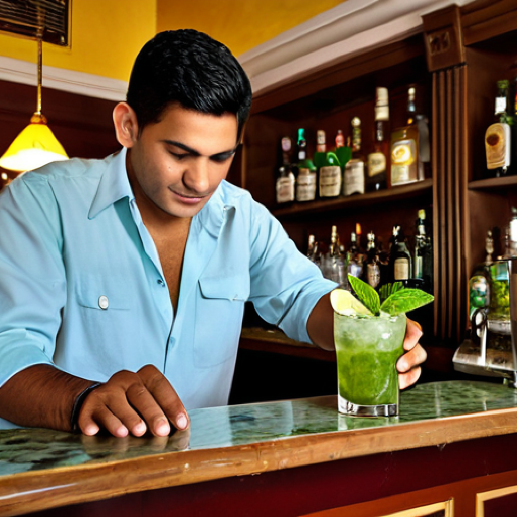 쿠바 전통음식 모히또 - Classic Mojito Scene**

"A fully clothed bartender professionally preparing a classic Mojito cocktai...