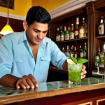 쿠바 전통음식 모히또 - Classic Mojito Scene**

"A fully clothed bartender professionally preparing a classic Mojito cocktai...