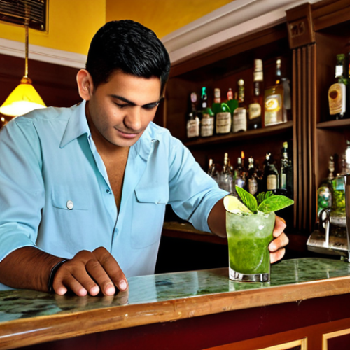 쿠바 전통음식 모히또 - Classic Mojito Scene**

"A fully clothed bartender professionally preparing a classic Mojito cocktai...