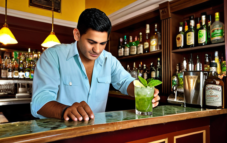 쿠바 전통음식 모히또 - Classic Mojito Scene**

"A fully clothed bartender professionally preparing a classic Mojito cocktai...