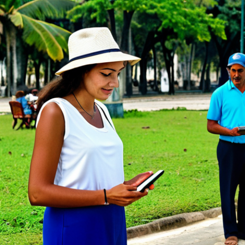 쿠바 유심 및 와이파이 팁 - **

A professional-looking tourist in Cuba, fully clothed in modest travel attire, using a rental Wi...