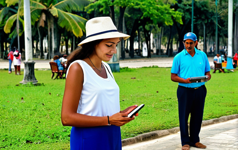 쿠바 유심 및 와이파이 팁 - **

A professional-looking tourist in Cuba, fully clothed in modest travel attire, using a rental Wi...