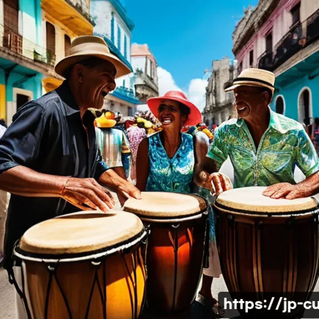 쿠바 음악의 특징과 역사 - A vibrant Cuban street scene during a lively music festival in Havana, featuring musicians playing t...
