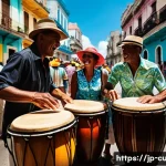 쿠바 음악의 특징과 역사 - A vibrant Cuban street scene during a lively music festival in Havana, featuring musicians playing t...