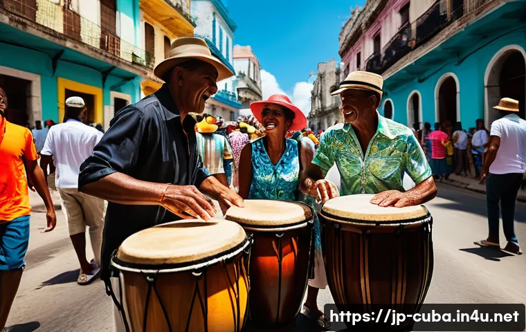 쿠바 음악의 특징과 역사 - A vibrant Cuban street scene during a lively music festival in Havana, featuring musicians playing t...