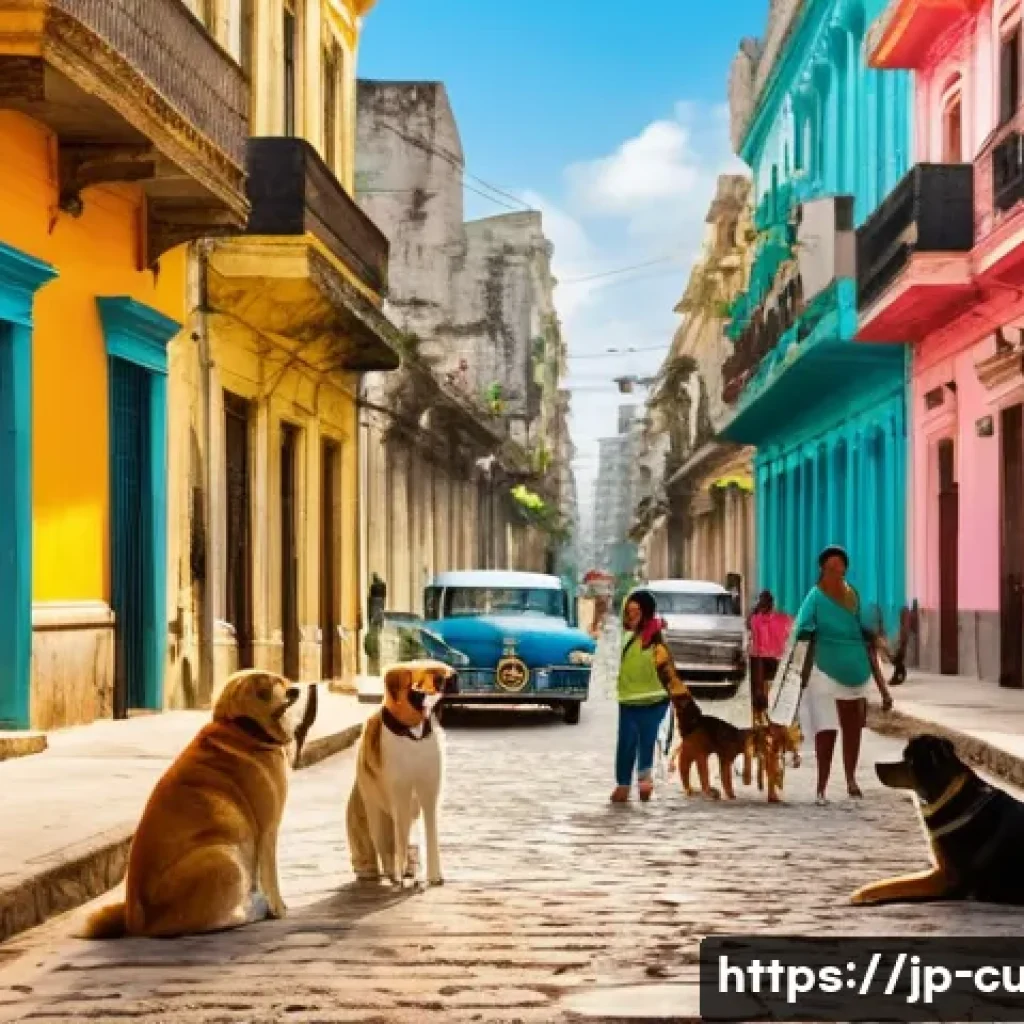 쿠바에서 애완동물 키우는 문화 - A warm street scene in Havana, Cuba, showing local people casually interacting with their pets — dog...