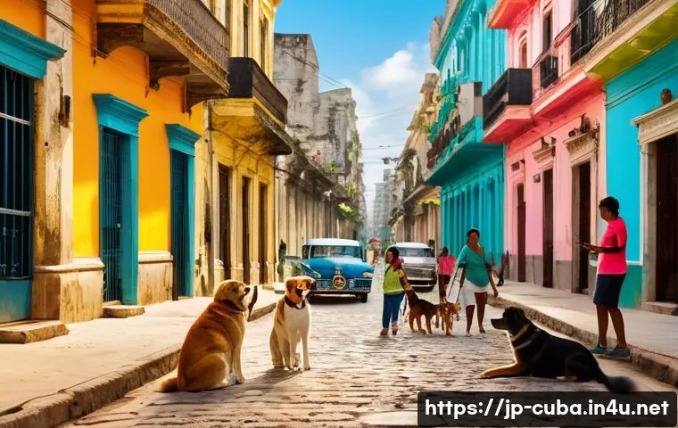 쿠바에서 애완동물 키우는 문화 - A warm street scene in Havana, Cuba, showing local people casually interacting with their pets — dog...