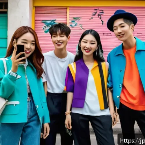 쿠바에서 한류 문화 영향력 - A vibrant street scene in Havana featuring young Cuban people wearing trendy Korean street fashion, ...