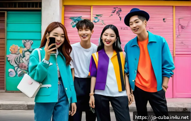 쿠바에서 한류 문화 영향력 - A vibrant street scene in Havana featuring young Cuban people wearing trendy Korean street fashion, ...