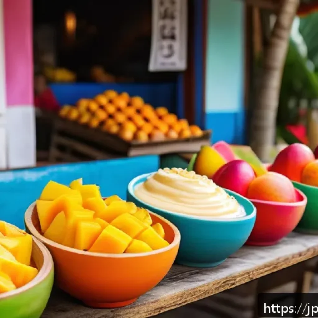 쿠바에서 맛볼 수 있는 디저트 - A vibrant Cuban dessert scene featuring a colorful bowl of fresh tropical fruits including sliced pa...