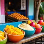 쿠바에서 맛볼 수 있는 디저트 - A vibrant Cuban dessert scene featuring a colorful bowl of fresh tropical fruits including sliced pa...