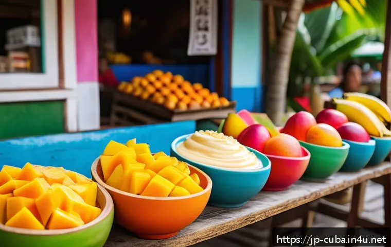 쿠바에서 맛볼 수 있는 디저트 - A vibrant Cuban dessert scene featuring a colorful bowl of fresh tropical fruits including sliced pa...
