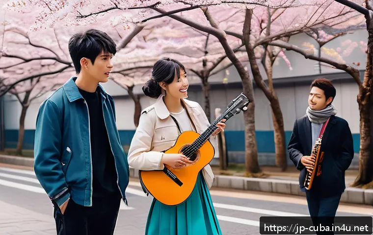 미국과 쿠바 관계 변화 - A vibrant scene depicting cultural exchange between young Japanese and Cuban people in a modern urba...
