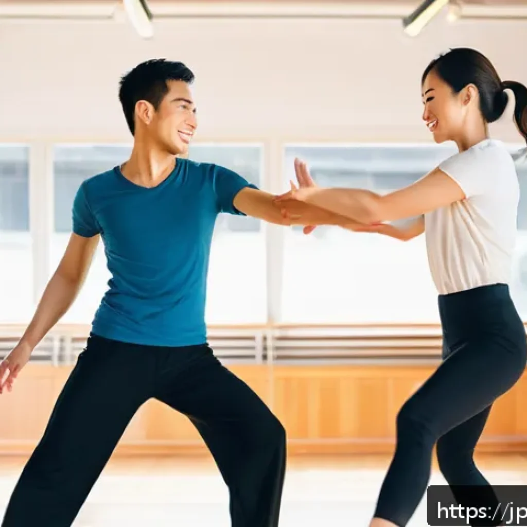 쿠바 전통 춤 살사 배우기 - A vibrant salsa dance scene in a modern dance studio filled with natural light, featuring a diverse ...