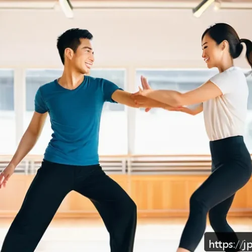 쿠바 전통 춤 살사 배우기 - A vibrant salsa dance scene in a modern dance studio filled with natural light, featuring a diverse ...