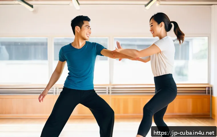 쿠바 전통 춤 살사 배우기 - A vibrant salsa dance scene in a modern dance studio filled with natural light, featuring a diverse ...