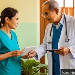 쿠바 사회주의 의료 시스템 - A warm, community-centered family doctor visiting an elderly patient&rsquo;s home in a modern Cuban neighb...