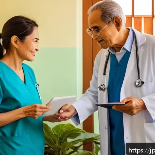 쿠바 사회주의 의료 시스템 - A warm, community-centered family doctor visiting an elderly patient&rsquo;s home in a modern Cuban neighb...