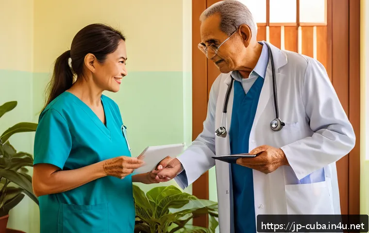 쿠바 사회주의 의료 시스템 - A warm, community-centered family doctor visiting an elderly patient&rsquo;s home in a modern Cuban neighb...