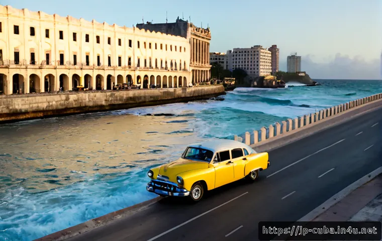 쿠바에서 유명한 영화 촬영지 - Photorealistic cinematic wide shot of Havana’s Malecón at golden hour, weathered pastel colonial bui...