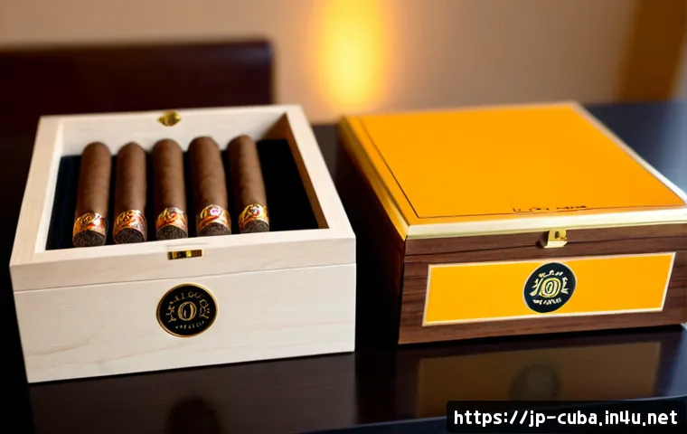 쿠바산 시가 가격 비교 - Photorealistic premium cigar price comparison scene, two unbranded wooden cigar boxes placed side by...